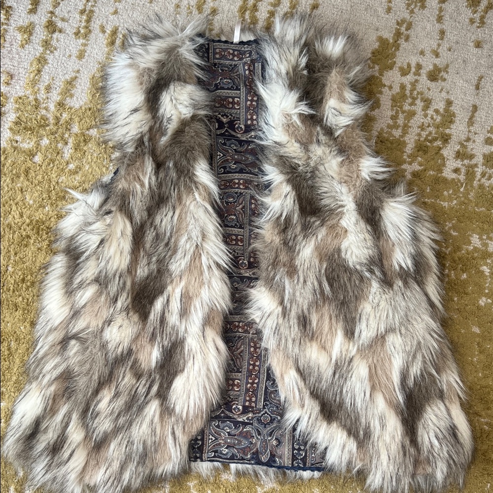 Free People Faux Fur Vest with Patterned Center